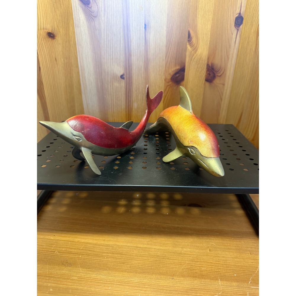 Vintage Brass Dolphin Figurines Red Orange Enamel Pair Korea Coastal Decor